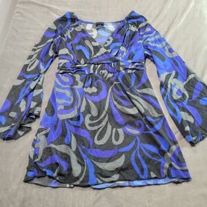 J.T.B. Blue Abstract Swirl Glitter Bell Sleeve Tie Back Tunic Top Womens L